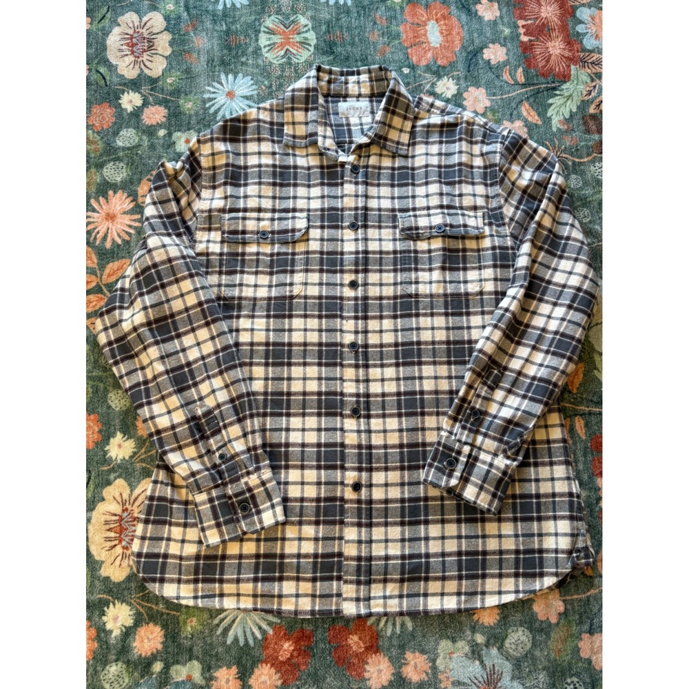 Jachs Mens XL Plaid‎ Flannel Shirt Cotton Long Sleeve Button Down Grey Cream